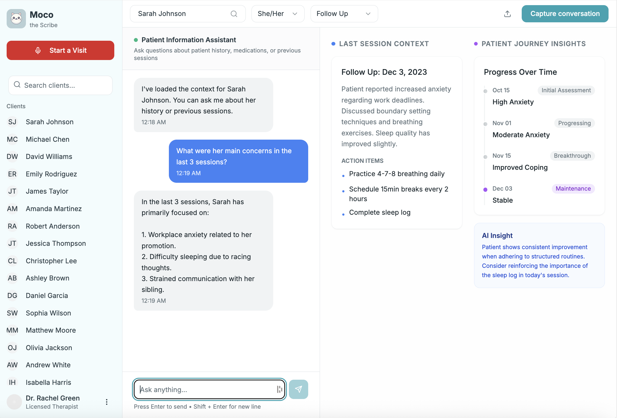 Moco Memory Engine showing patient history and journey insights