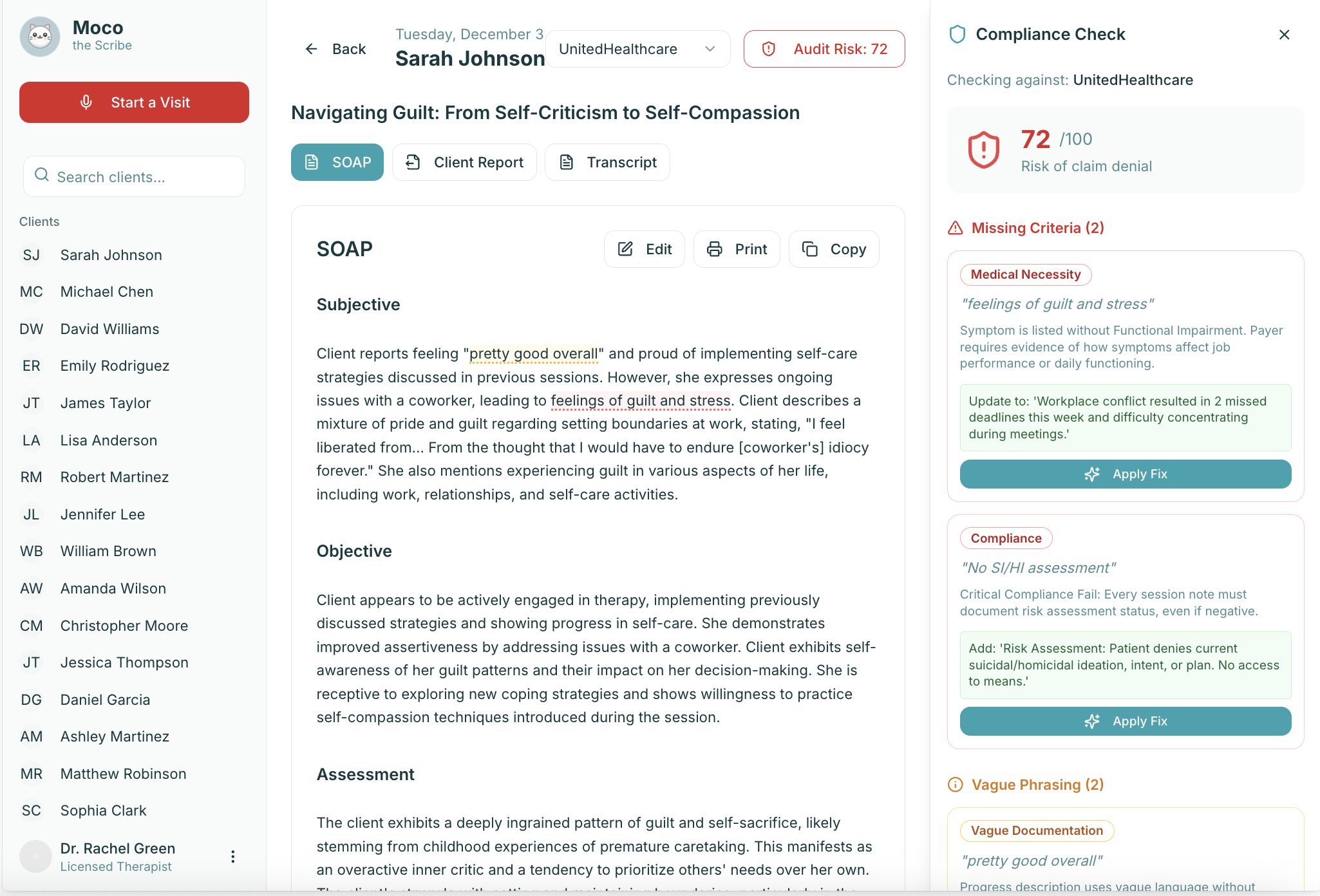 Moco Clinical Risk Shield showing compliance check and risk scoring